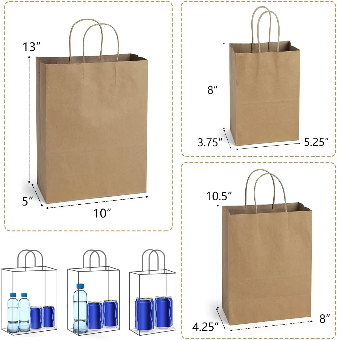 Poever Brown Kraft Paper Bags with Handles 5x3x8 & 8x4x10 & 10x5x13 30 PCS, Gift Bags Shopping Bags Goody Bags for Birthday Party Takeouts Retail Grocery