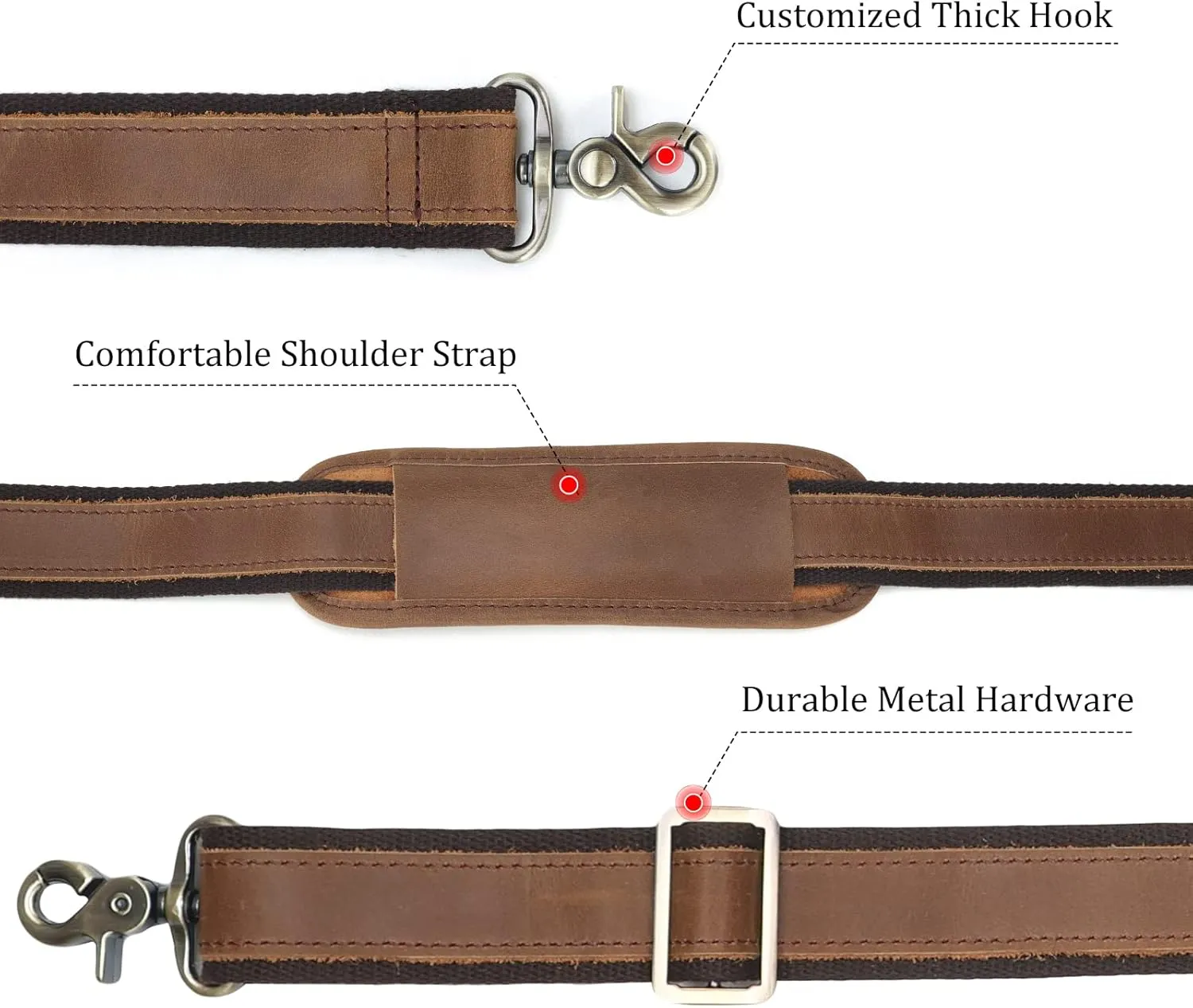 Polare Full Grain Leather Adjustable Replacement Shoulder Strap with Metal Hook for Briefcase Messenger Shoulder Duffel Bag