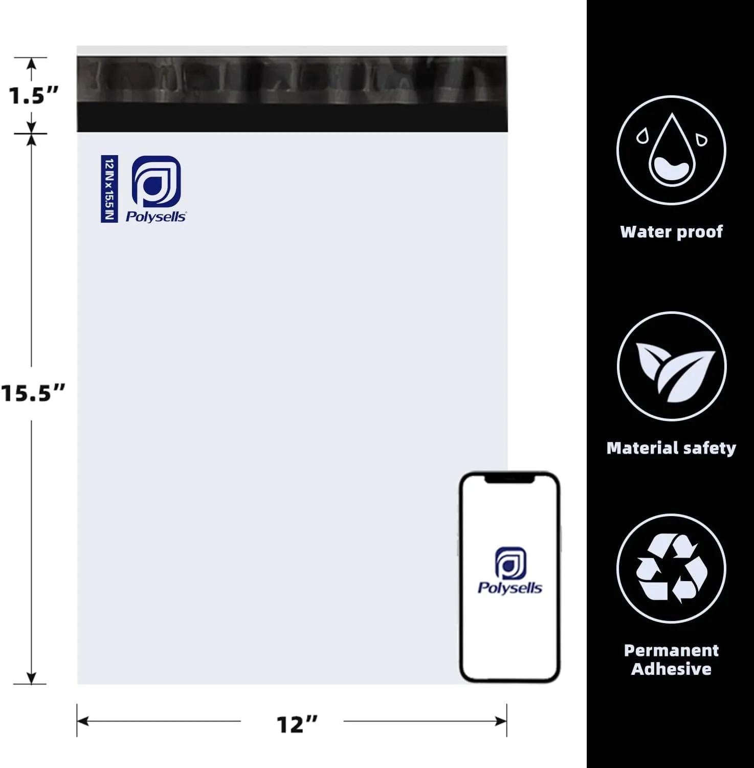 POLYSELLS Poly Mailers Shipping Envelopes, Strong Adhesive Sealing, Waterproof, and Tear-resistant Postal Mailing Bags for Clothing, Books, and Accessories (White, 12x15.5 Inch, 100 pcs)