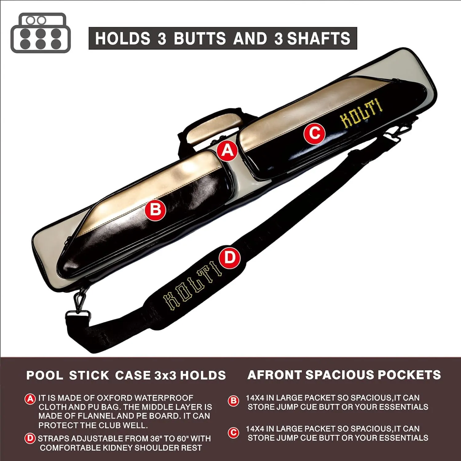 Pool Cue Case, Pool Cue Carrying Case Soft Padded Billiard Stick Bag with Multi-pocket for Butts and Shafts, Pool Stick Case Cue Bag with Straps for Pool Cues & Accessories