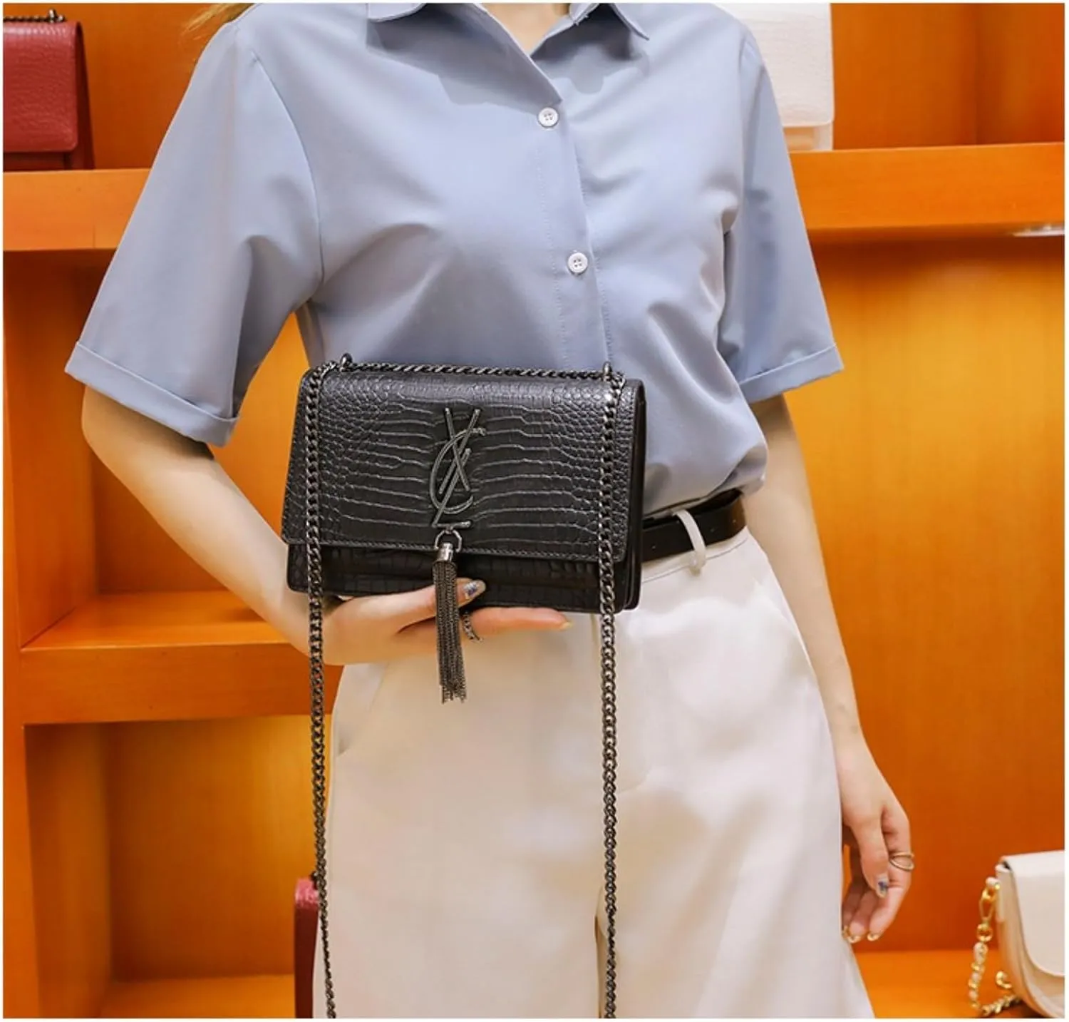 Populus forest leather high -level sensory bag, shoulder chain streaming small square bag, wild cross -body women's bag