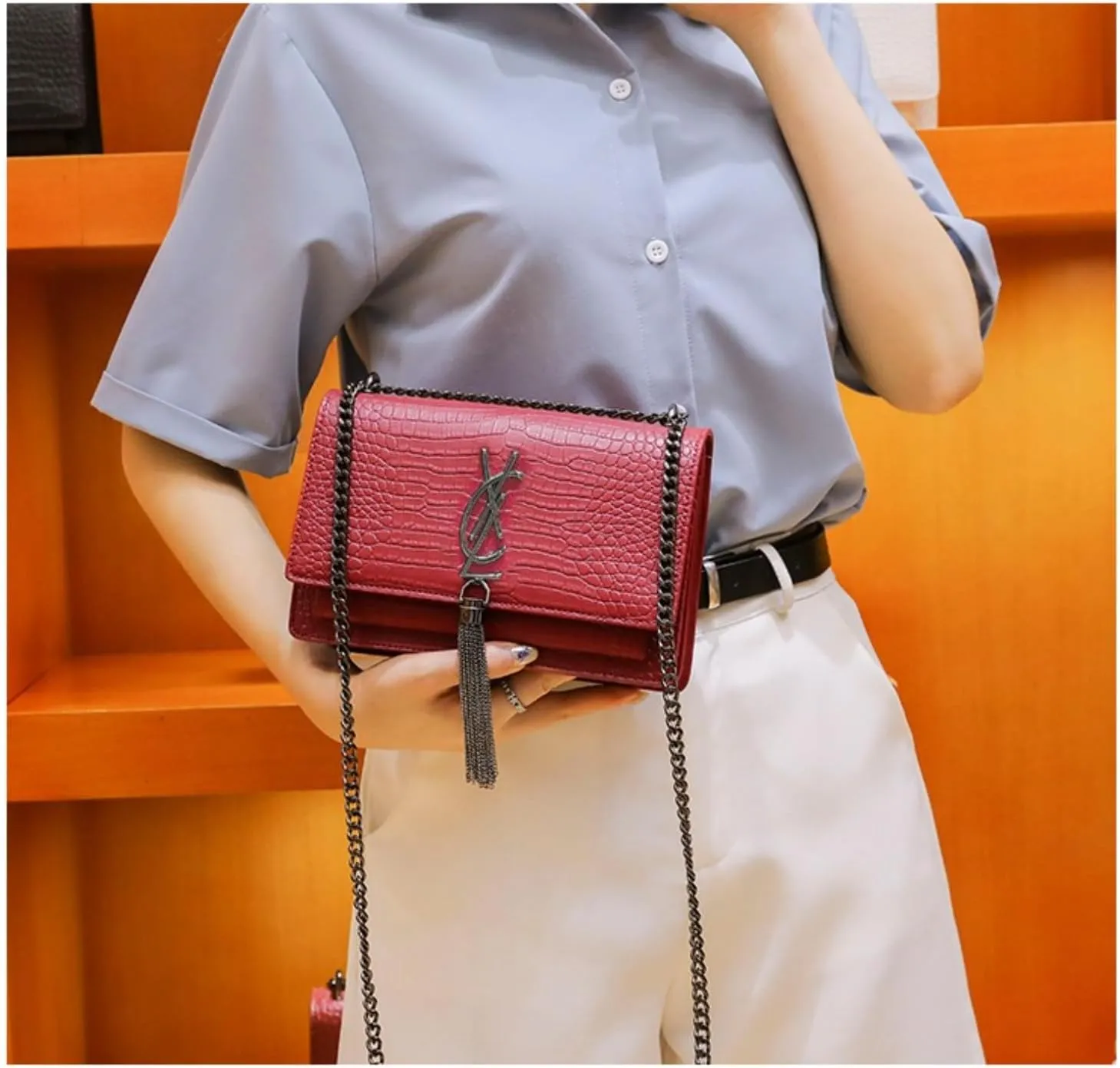 Populus forest leather high -level sensory bag, shoulder chain streaming small square bag, wild cross -body women's bag