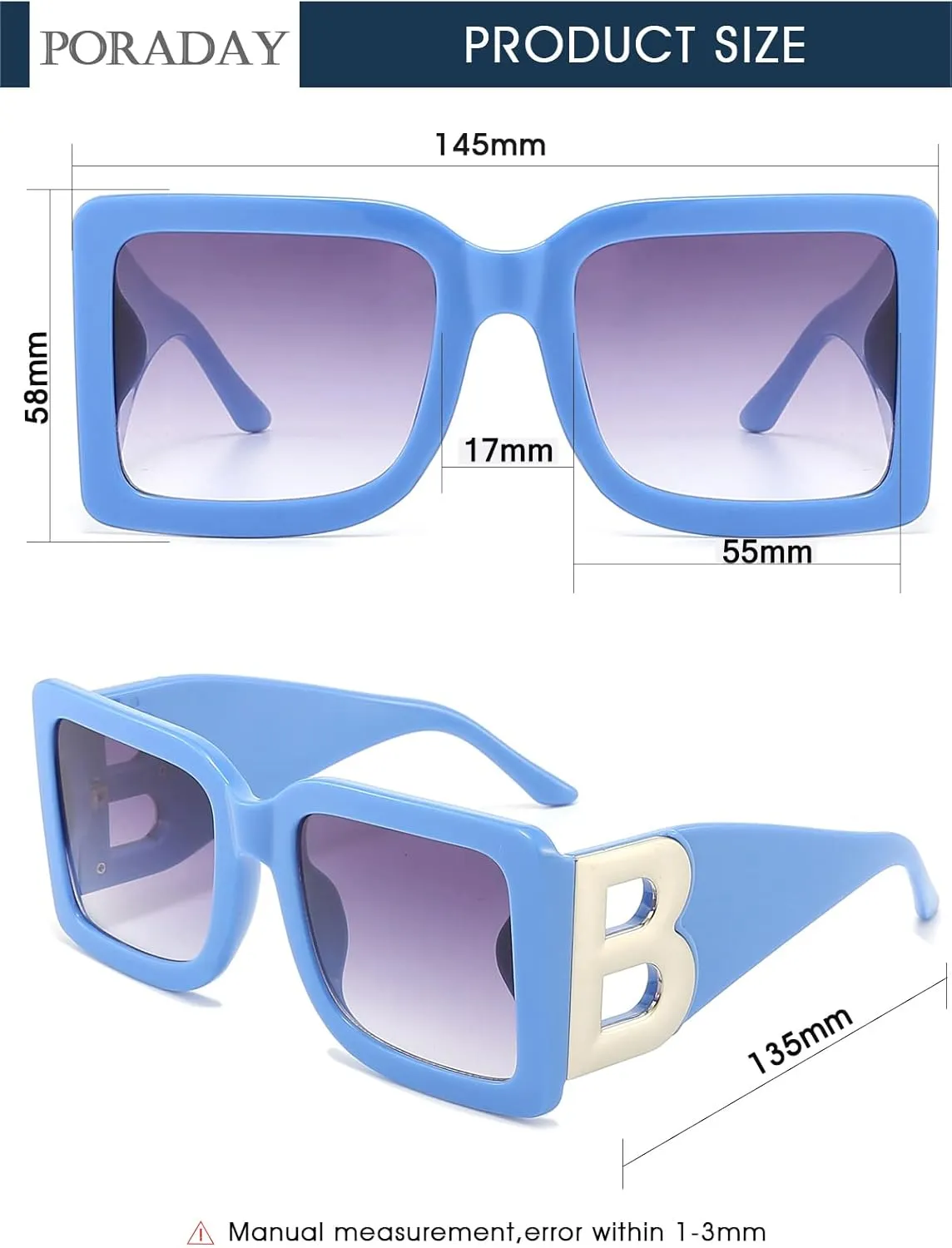 PORADAY Fashion Large Square Sunglasses for Women Men Trendy Black Thick Frame Luxury Designer Sun Glasses Modern Big Frame