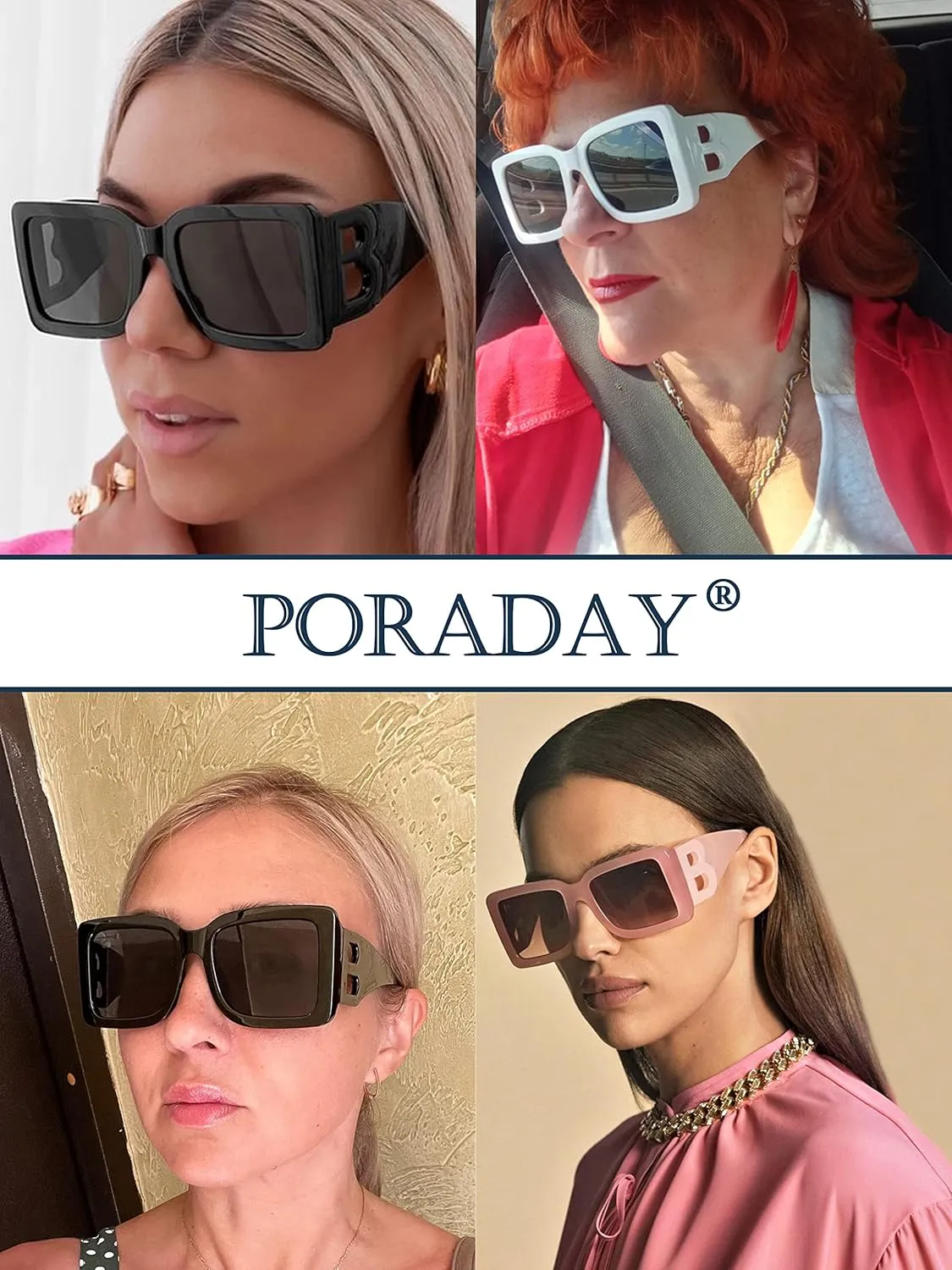PORADAY Fashion Large Square Sunglasses for Women Men Trendy Black Thick Frame Luxury Designer Sun Glasses Modern Big Frame