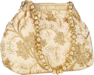 Potli Bag For Women, Golden, Velvet, Floral, Drawstring Closure, 7.5 x 7.0 Inches, 24 Inch Strap, Lightweight, Perfect For Weddings & Festive Parties