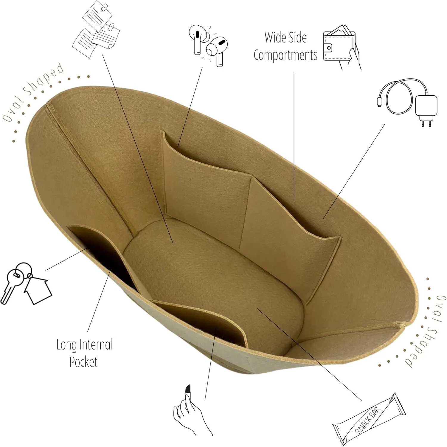 Premium Purse Organizer compatible with Celine Basket Bag Organizer Insert - Handmade Supple Classic Panier in Rafia and Calfskin, Oval Shaped (Brown, For Teen Supple Panier)
