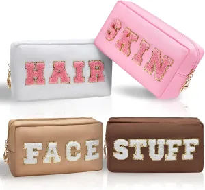 Preppy Makeup Bags Stoney Clover 4 Pcs Travel Organizer Patch Bag Large Varsity Chenille Letter Cosmetic Toiletry Preppy Stuff Cute Bags Portable Pouch Storage Purse Bag Set