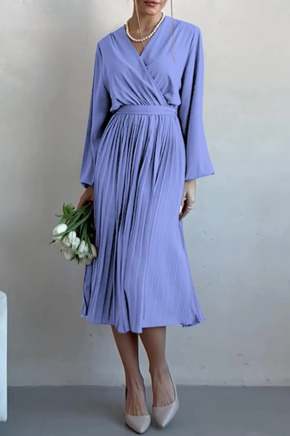 PRETTYGARDEN Women's Spring Midi Dress Long Puff Sleeve Wrap V Neck Flowy Ruffle Pleated Casual Fall Dresses