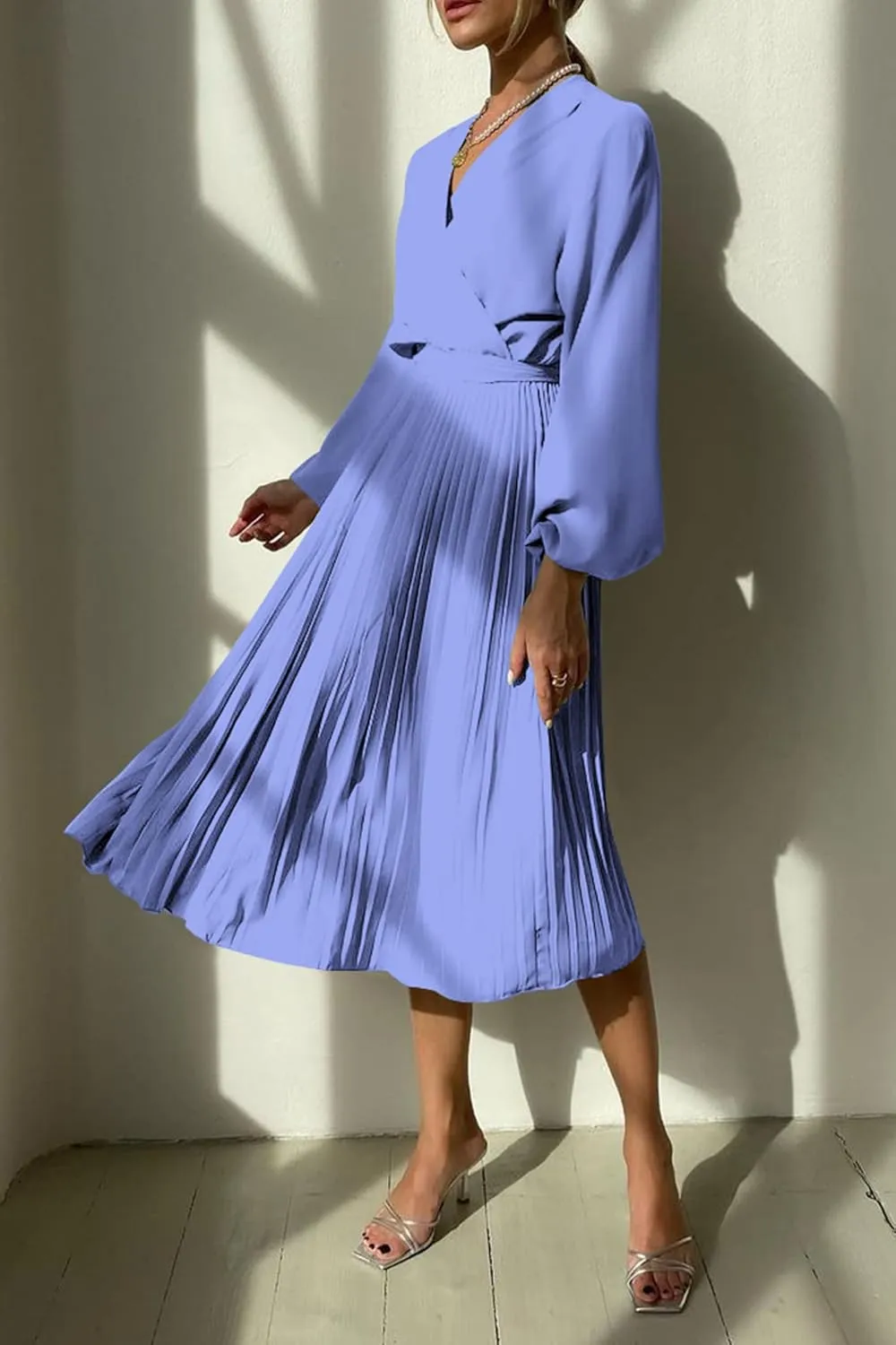 PRETTYGARDEN Women's Spring Midi Dress Long Puff Sleeve Wrap V Neck Flowy Ruffle Pleated Casual Fall Dresses