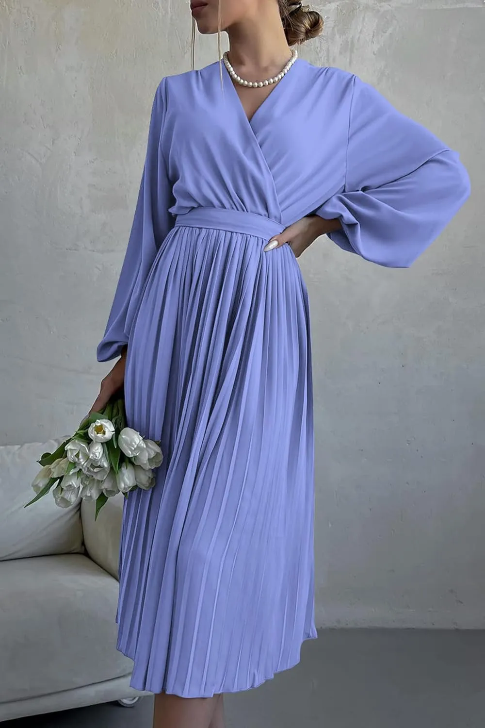 PRETTYGARDEN Women's Spring Midi Dress Long Puff Sleeve Wrap V Neck Flowy Ruffle Pleated Casual Fall Dresses