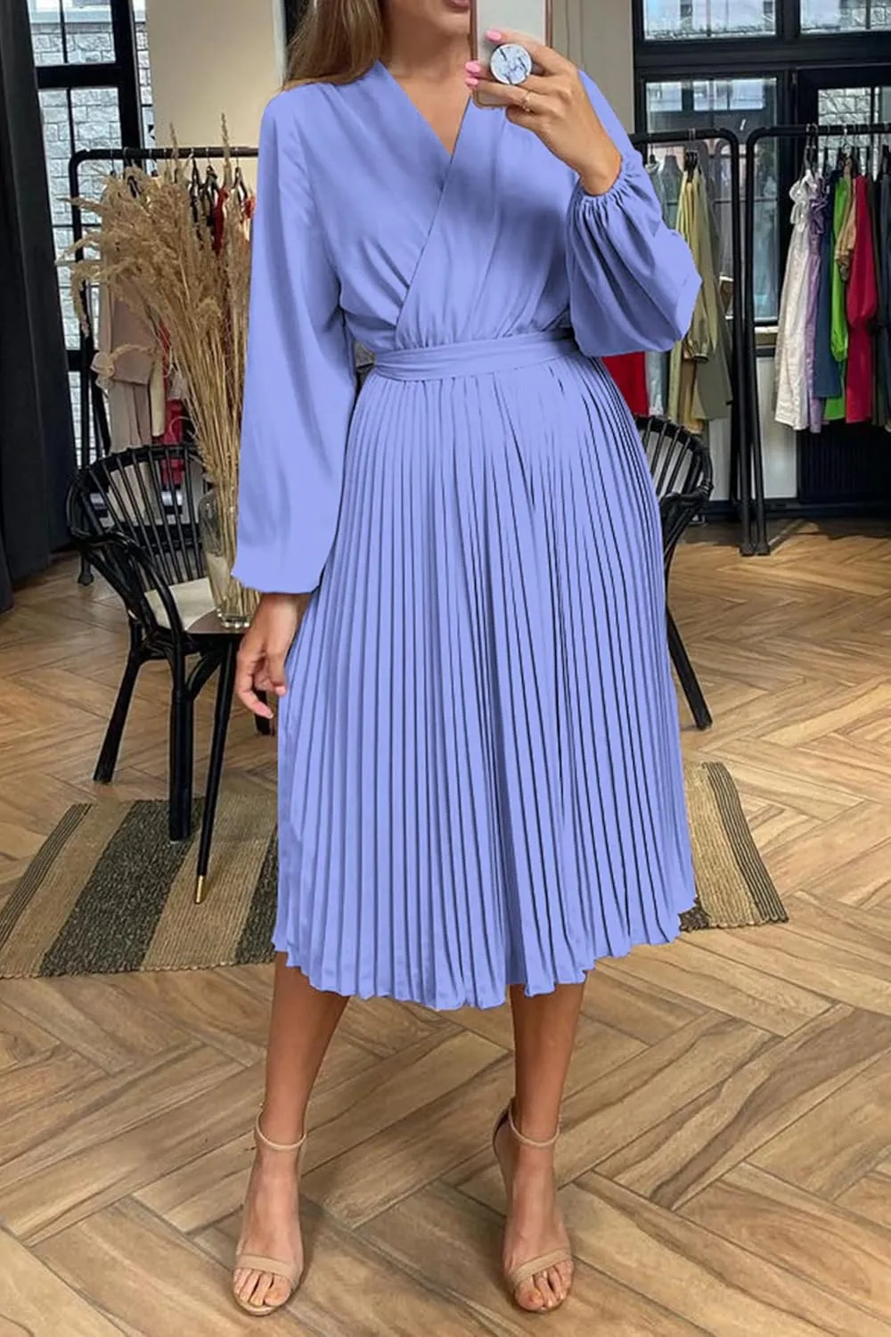 PRETTYGARDEN Women's Spring Midi Dress Long Puff Sleeve Wrap V Neck Flowy Ruffle Pleated Casual Fall Dresses