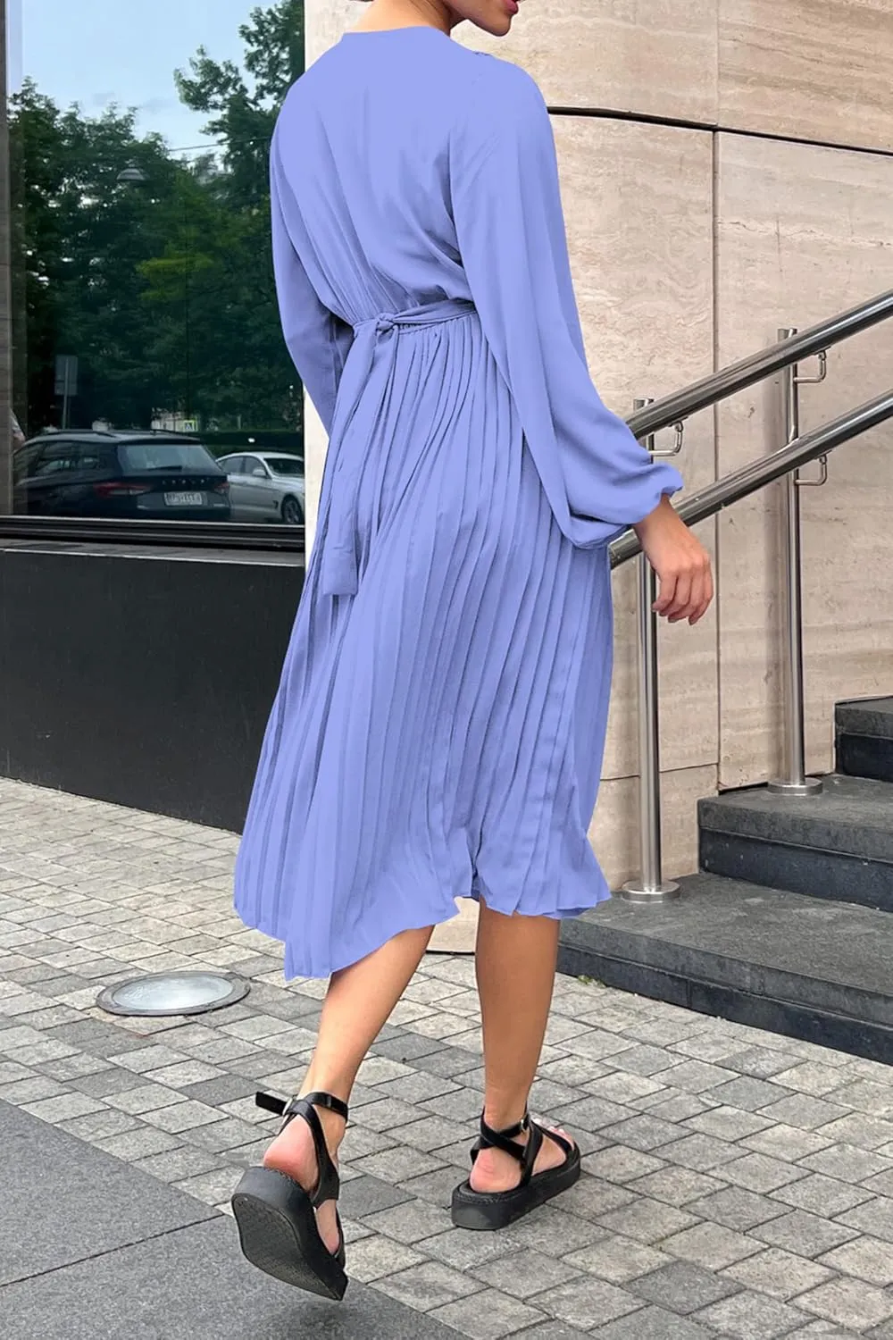 PRETTYGARDEN Women's Spring Midi Dress Long Puff Sleeve Wrap V Neck Flowy Ruffle Pleated Casual Fall Dresses