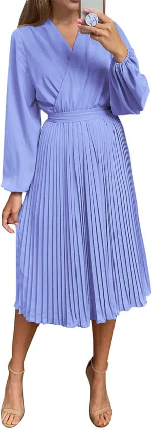 PRETTYGARDEN Women's Spring Midi Dress Long Puff Sleeve Wrap V Neck Flowy Ruffle Pleated Casual Fall Dresses