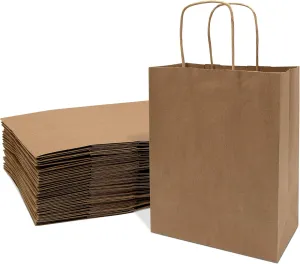 Prime Line Packaging Brown Paper Bags with Handles, Kraft Gift for Small Business, Shopping, Retail, Boutique, Christmas, Party, Bulk, 8x4x10, 25 Pack