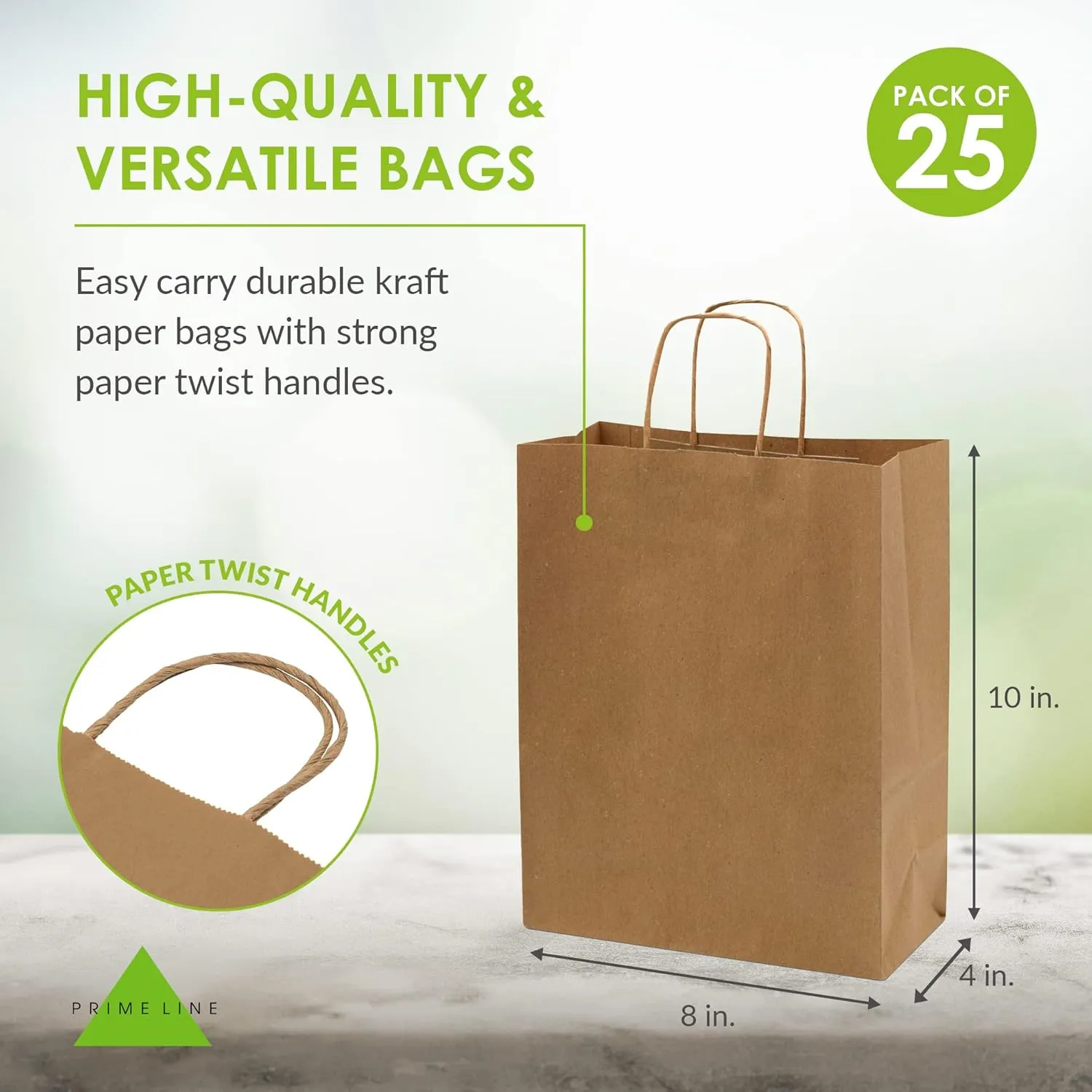 Prime Line Packaging Brown Paper Bags with Handles, Kraft Gift for Small Business, Shopping, Retail, Boutique, Christmas, Party, Bulk, 8x4x10, 25 Pack
