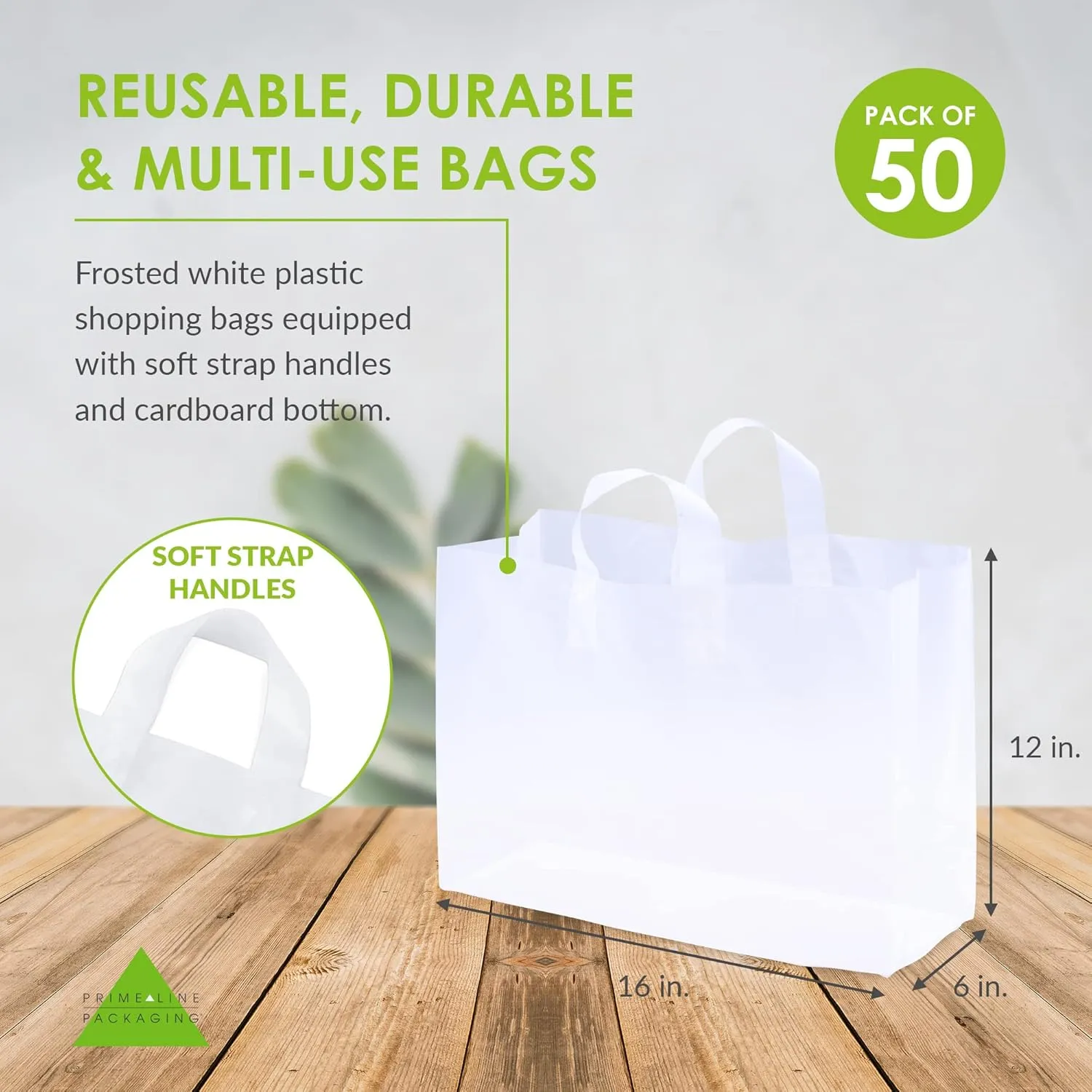 Prime Line Packaging Large Plastic Bags with Handles for Small Business Essential, Boutique Shopping, Frosted White for Retail, Bulk, 16x6x12 50 Pack