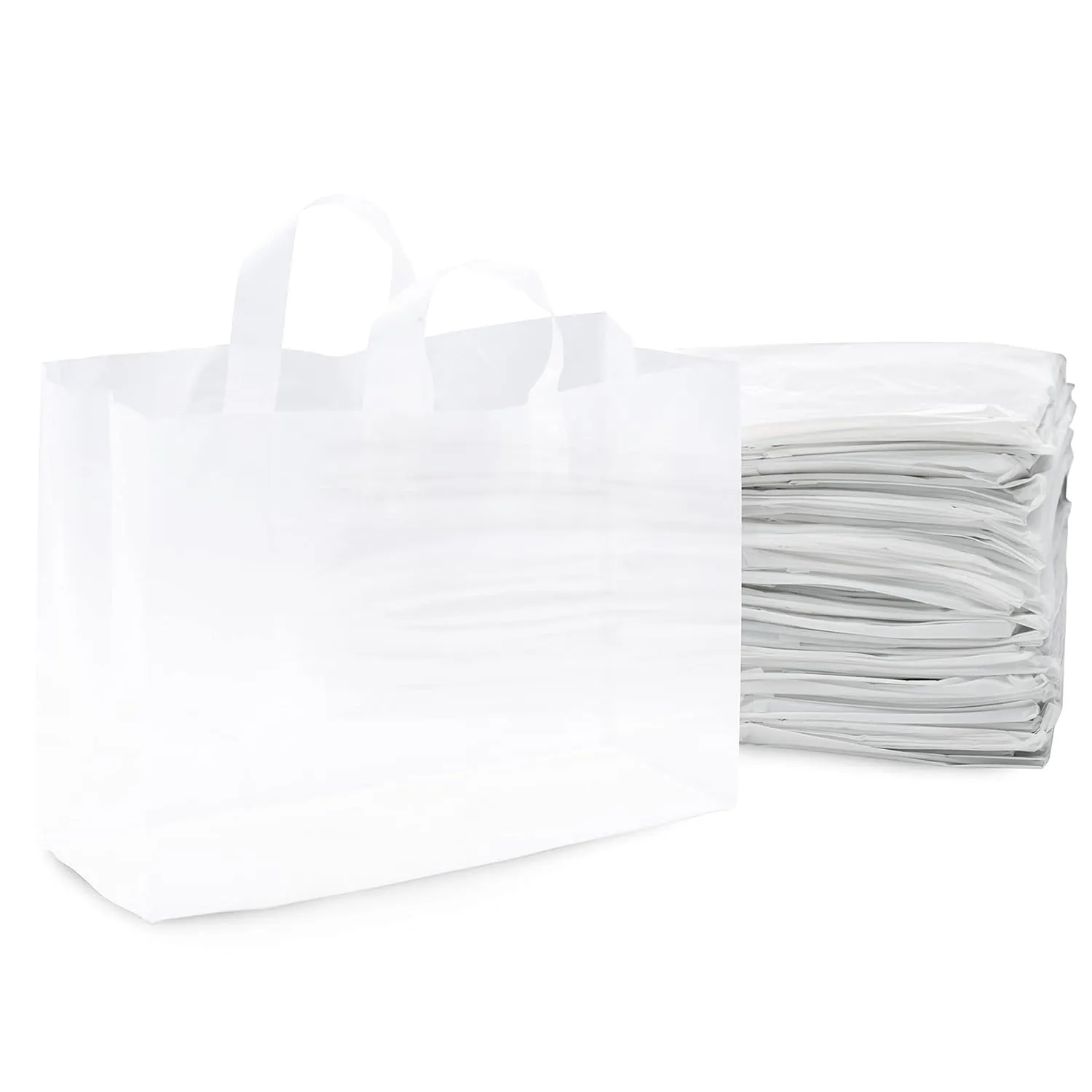 Prime Line Packaging Large Plastic Bags with Handles for Small Business Essential, Boutique Shopping, Frosted White for Retail, Bulk, 16x6x12 50 Pack