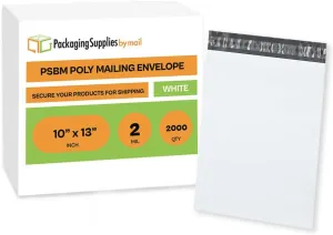 PSBM White Poly Mailers 10 x 13 Inch 2000 Pack Shipping Bags for Clothing, Sturdy Shipping Envelopes, Strong Self Seal Mailing Bags for Small Business, Poly Bags for Small Businessess