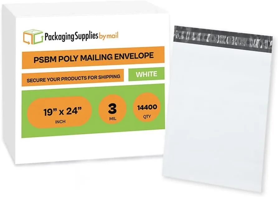 PSBM White Poly Mailers 19 x 24 Inch 14400 Pack Shipping Bags for Clothing, Sturdy Shipping Envelopes, Strong Self Seal Mailing Bags for Small Business, Poly Bags for Small Businessess