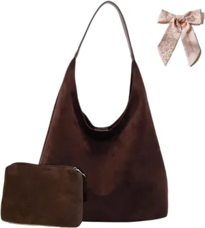 PU Leather Handbag Faux Suede Tote Bag with Pouch, Hobo Slouch Bag, Women's Shoulder Bags Hobos Bags for Travel Work