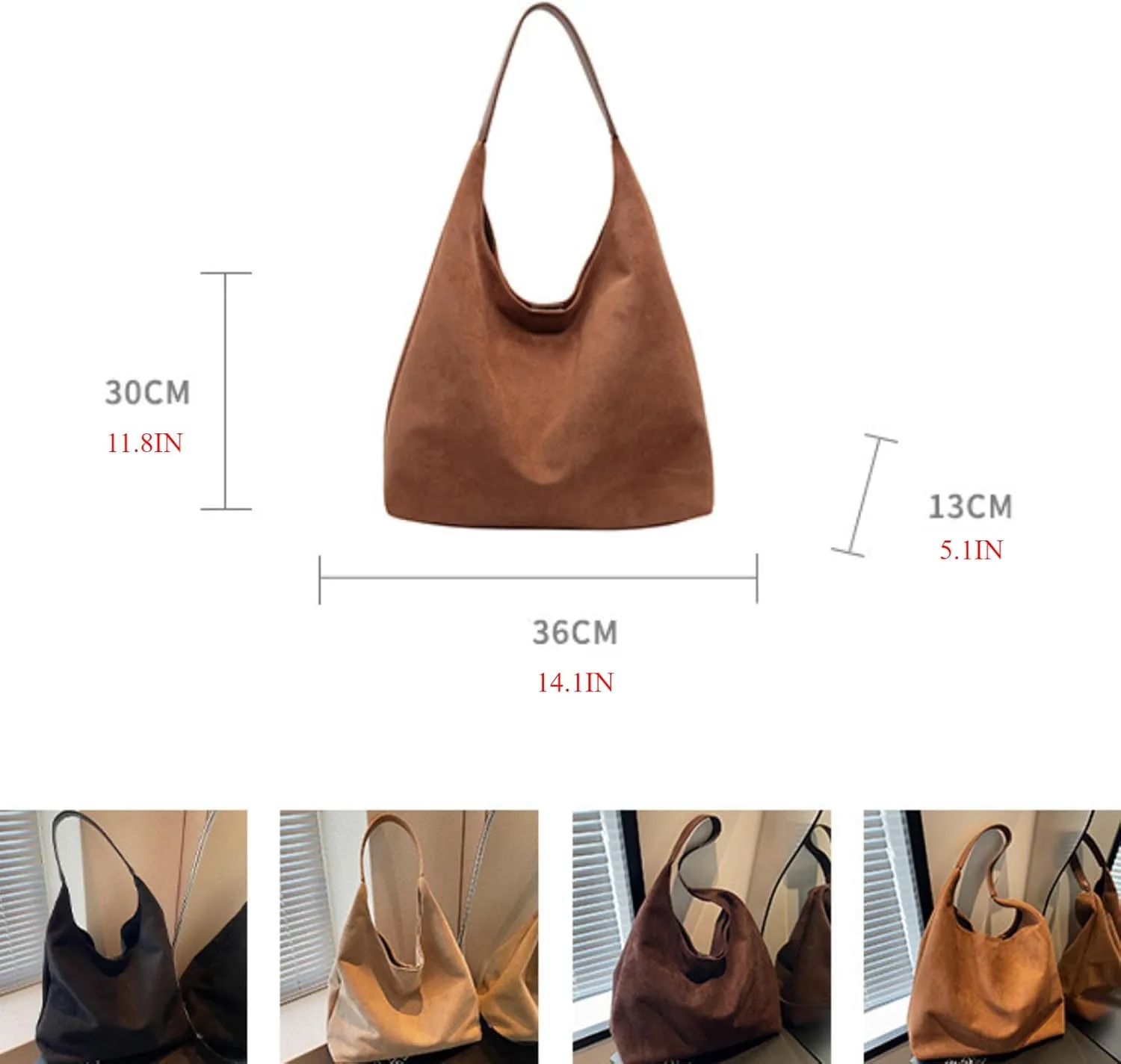 PU Leather Handbag Faux Suede Tote Bag with Pouch, Hobo Slouch Bag, Women's Shoulder Bags Hobos Bags for Travel Work