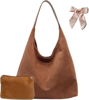 PU Leather Handbag Faux Suede Tote Bag with Pouch, Hobo Slouch Bag, Women's Shoulder Bags Hobos Bags for Travel Work