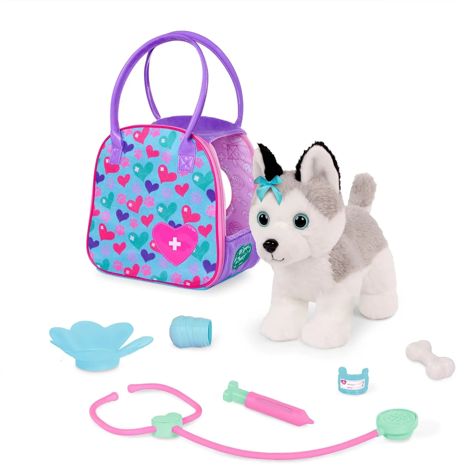 Pucci Pups – Plush Husky – Stuffed Animal – Carrier Bag – Stethoscope, Cast & More – Kids 3 Years   – Husky & Vet Care Carrier