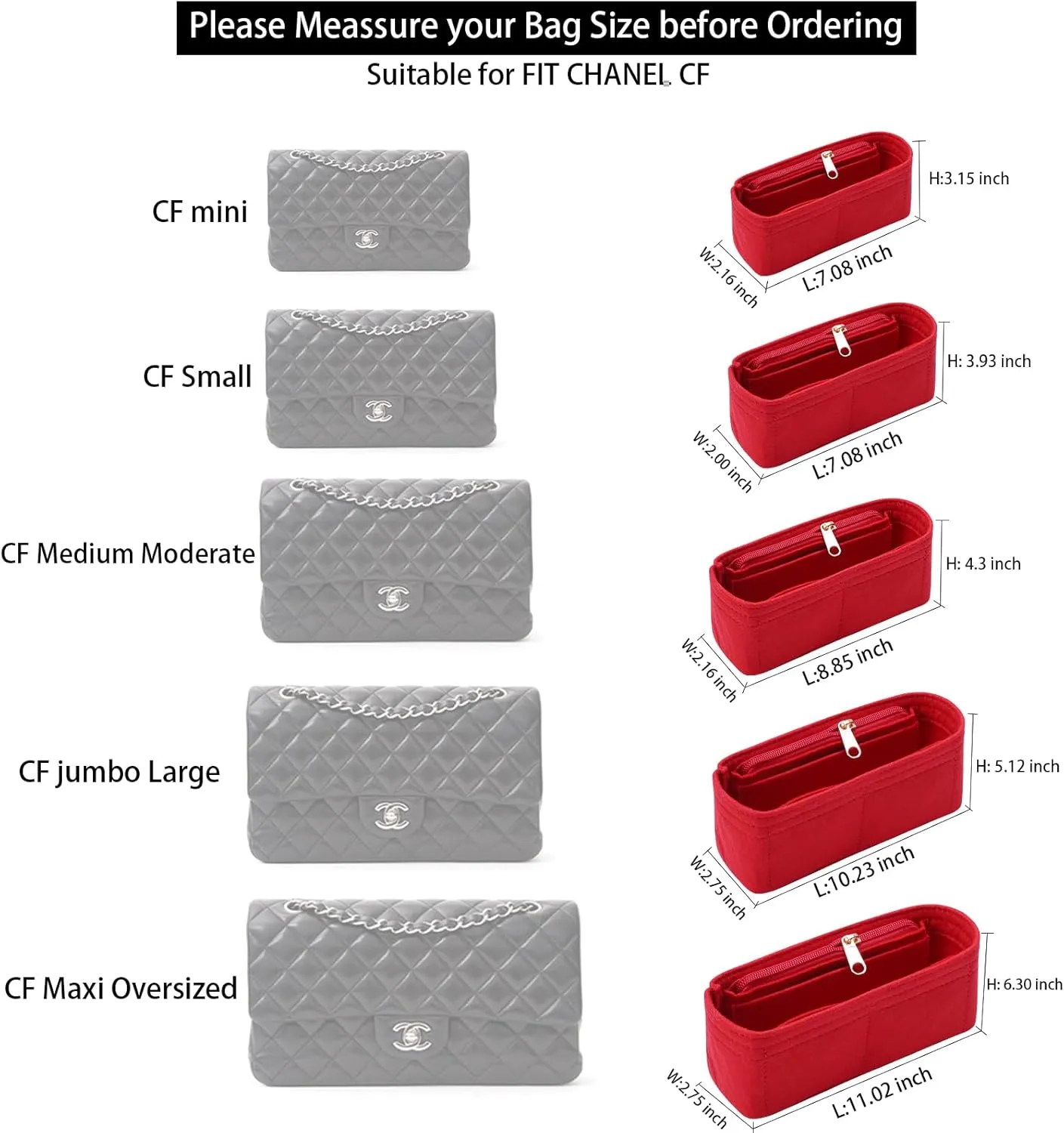 Purse Organizer Insert for Chanel Classic Flap mini Bag Organizer Insert Handbag (Red, Mini)