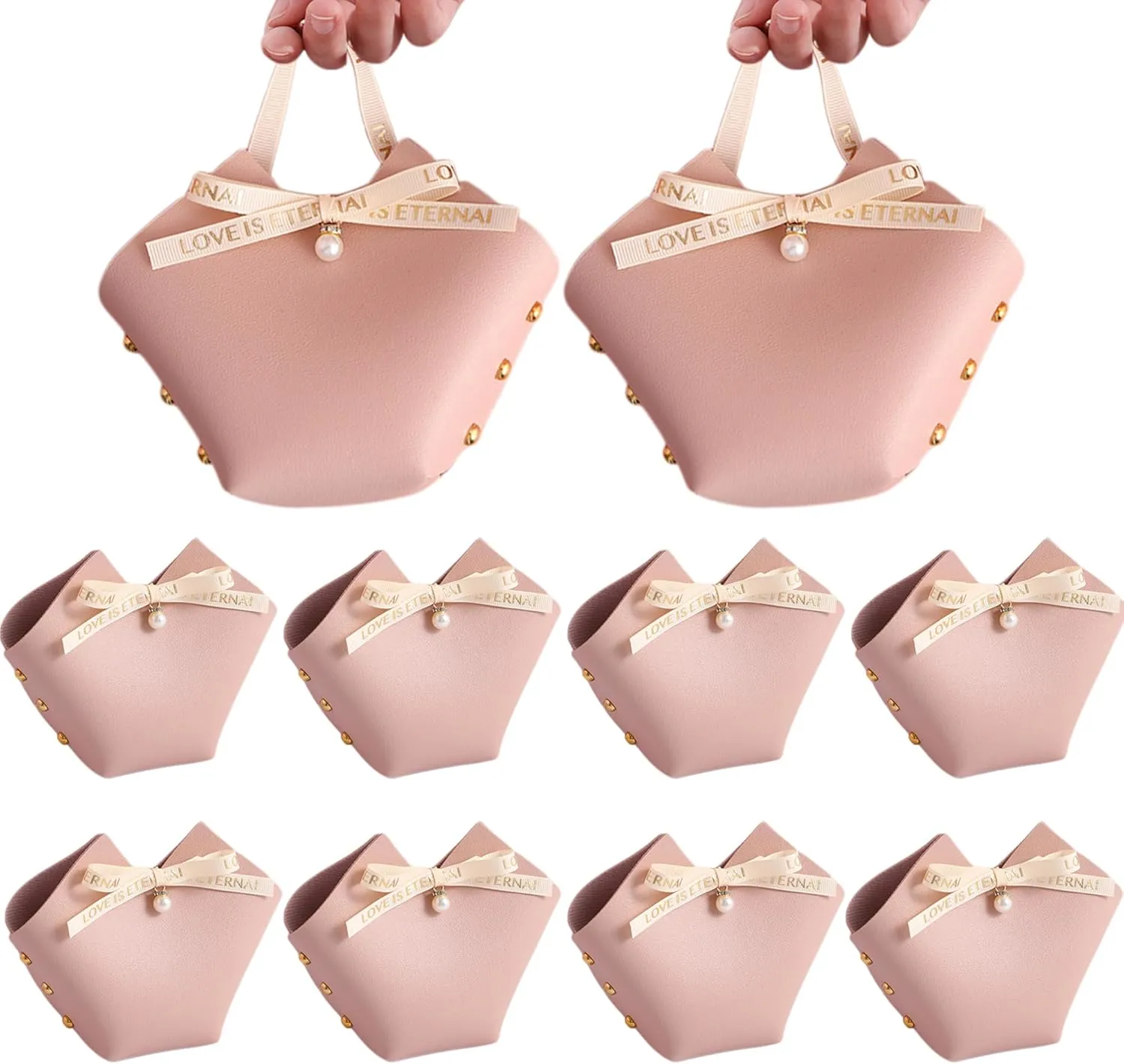 qczoyp 10 Pack Leather Bowknot Gift Boxes: Party Favor Bag Candy Gift Party Favor Boxes, Mini Gift Bags with Handles, Reusable Gift Bag for Baby Showers Wedding Christmas Valentines's Day (Pink)