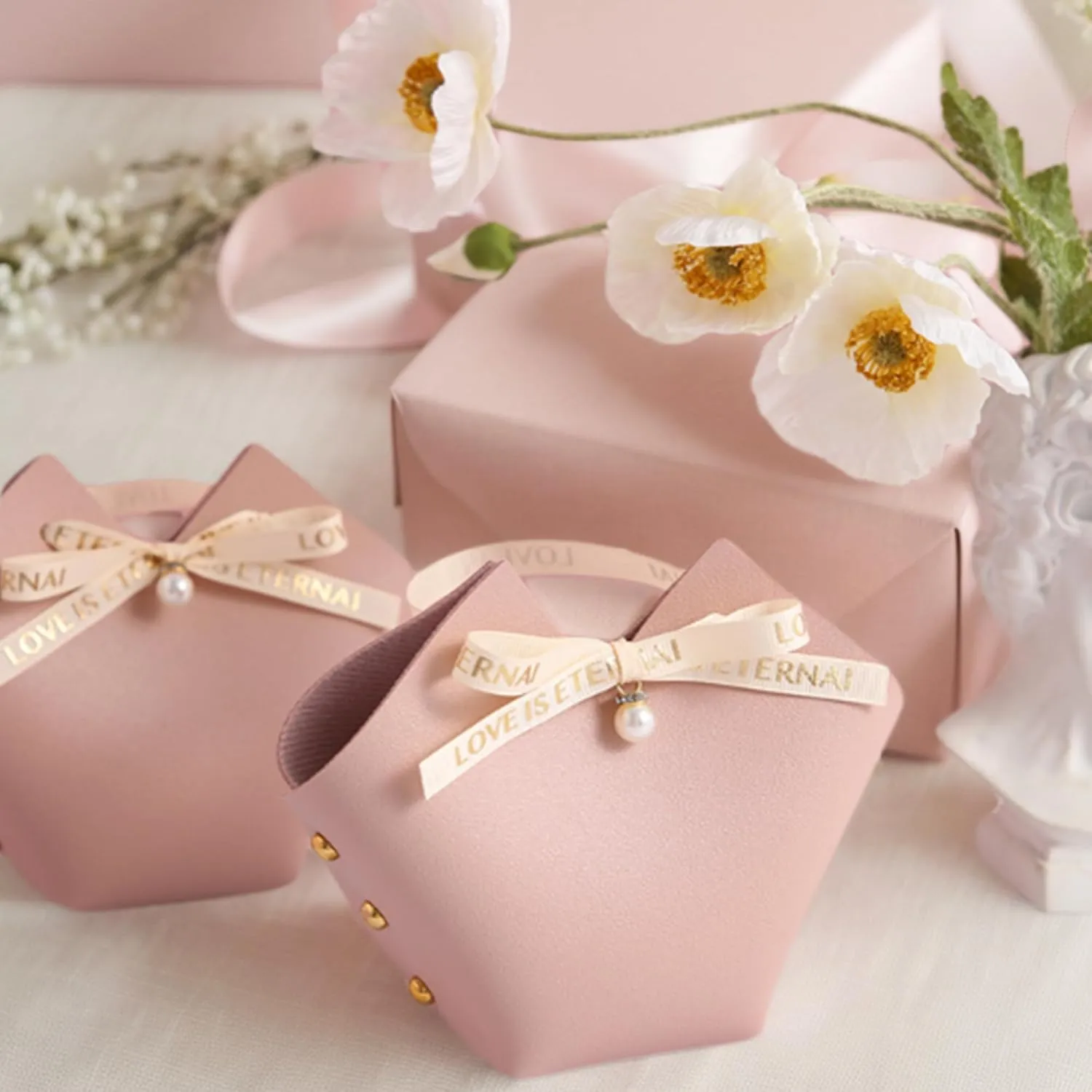 qczoyp 10 Pack Leather Bowknot Gift Boxes: Party Favor Bag Candy Gift Party Favor Boxes, Mini Gift Bags with Handles, Reusable Gift Bag for Baby Showers Wedding Christmas Valentines's Day (Pink)
