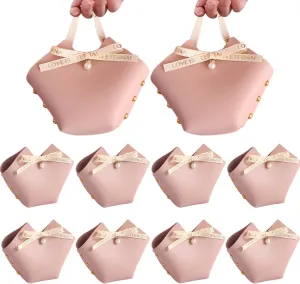 qczoyp 10 Pack Leather Bowknot Gift Boxes: Party Favor Bag Candy Gift Party Favor Boxes, Mini Gift Bags with Handles, Reusable Gift Bag for Baby Showers Wedding Christmas Valentines's Day (Pink)