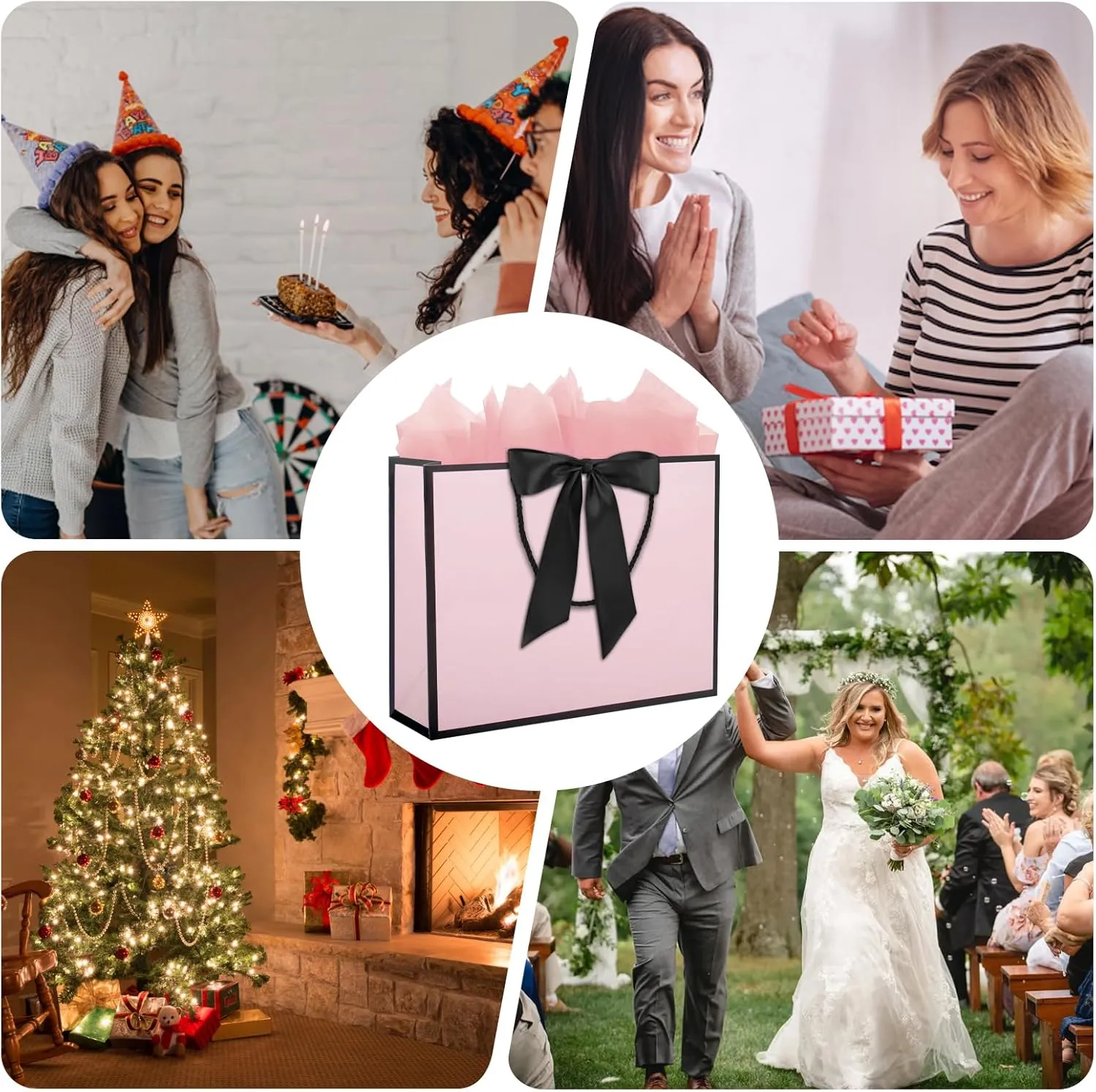QIELSER 12 pcs Pink Gift Bags with Handles 12.6x4.5x10 in Large Paper Bags with Bow Ribbon and Tissue Paper Gift Wrap Bags for Birthday Bridesmaid Party Wedding Baby Shower Valentines, Pink-Black