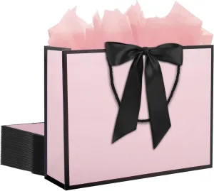 QIELSER 12 pcs Pink Gift Bags with Handles 12.6x4.5x10 in Large Paper Bags with Bow Ribbon and Tissue Paper Gift Wrap Bags for Birthday Bridesmaid Party Wedding Baby Shower Valentines, Pink-Black
