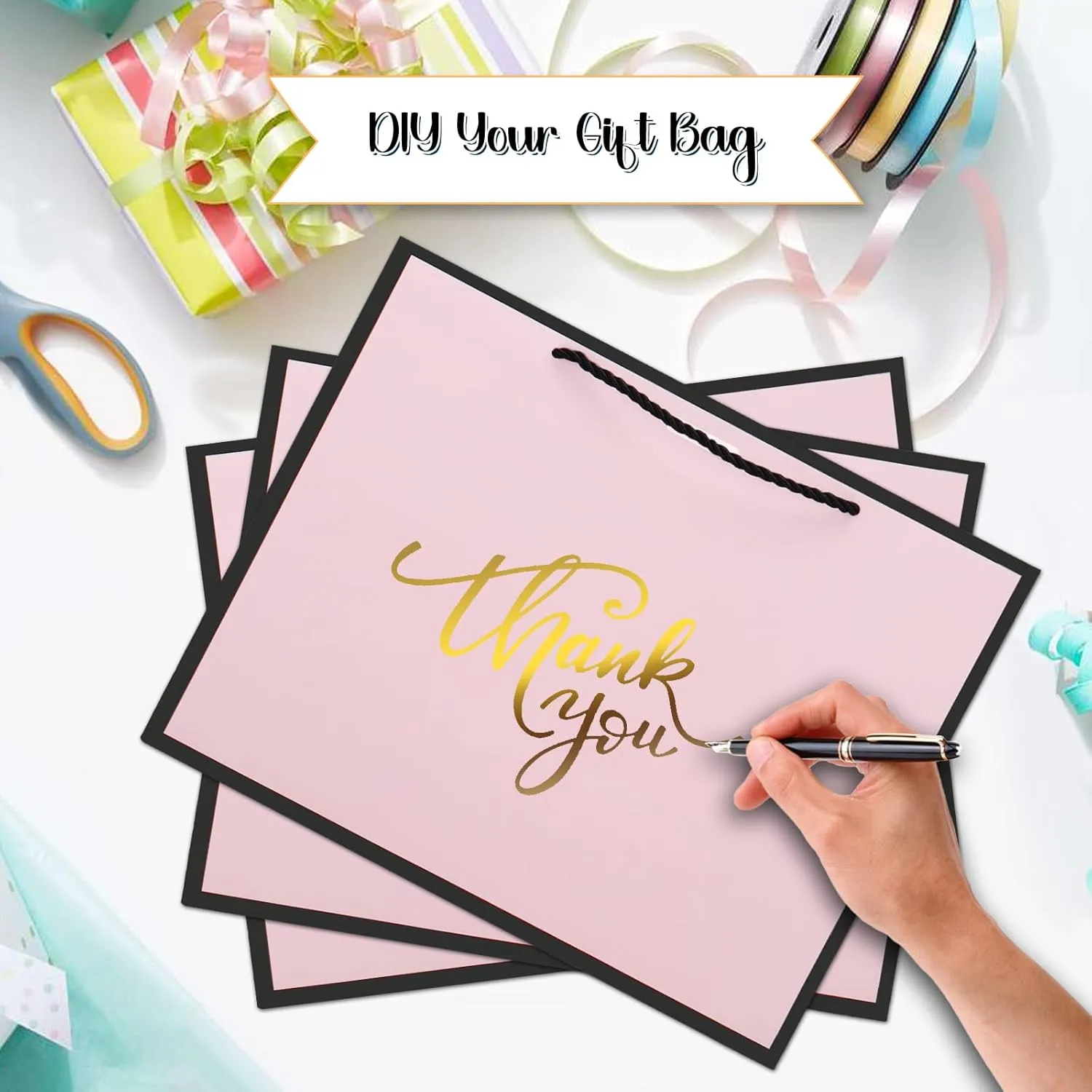 QIELSER 12 pcs Pink Gift Bags with Handles 12.6x4.5x10 in Large Paper Bags with Bow Ribbon and Tissue Paper Gift Wrap Bags for Birthday Bridesmaid Party Wedding Baby Shower Valentines, Pink-Black