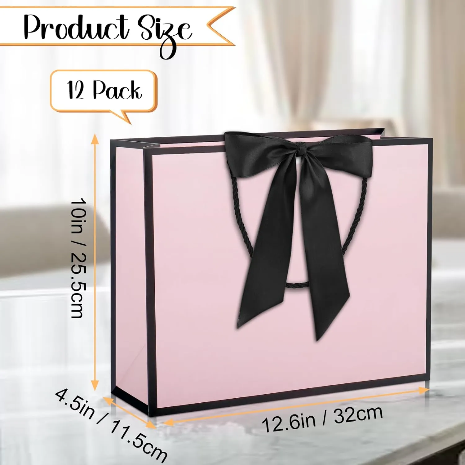 QIELSER 12 pcs Pink Gift Bags with Handles 12.6x4.5x10 in Large Paper Bags with Bow Ribbon and Tissue Paper Gift Wrap Bags for Birthday Bridesmaid Party Wedding Baby Shower Valentines, Pink-Black