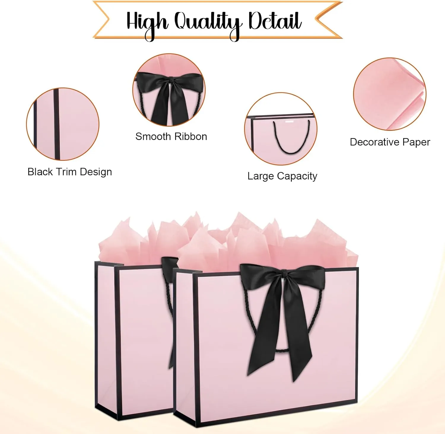 QIELSER 12 pcs Pink Gift Bags with Handles 12.6x4.5x10 in Large Paper Bags with Bow Ribbon and Tissue Paper Gift Wrap Bags for Birthday Bridesmaid Party Wedding Baby Shower Valentines, Pink-Black