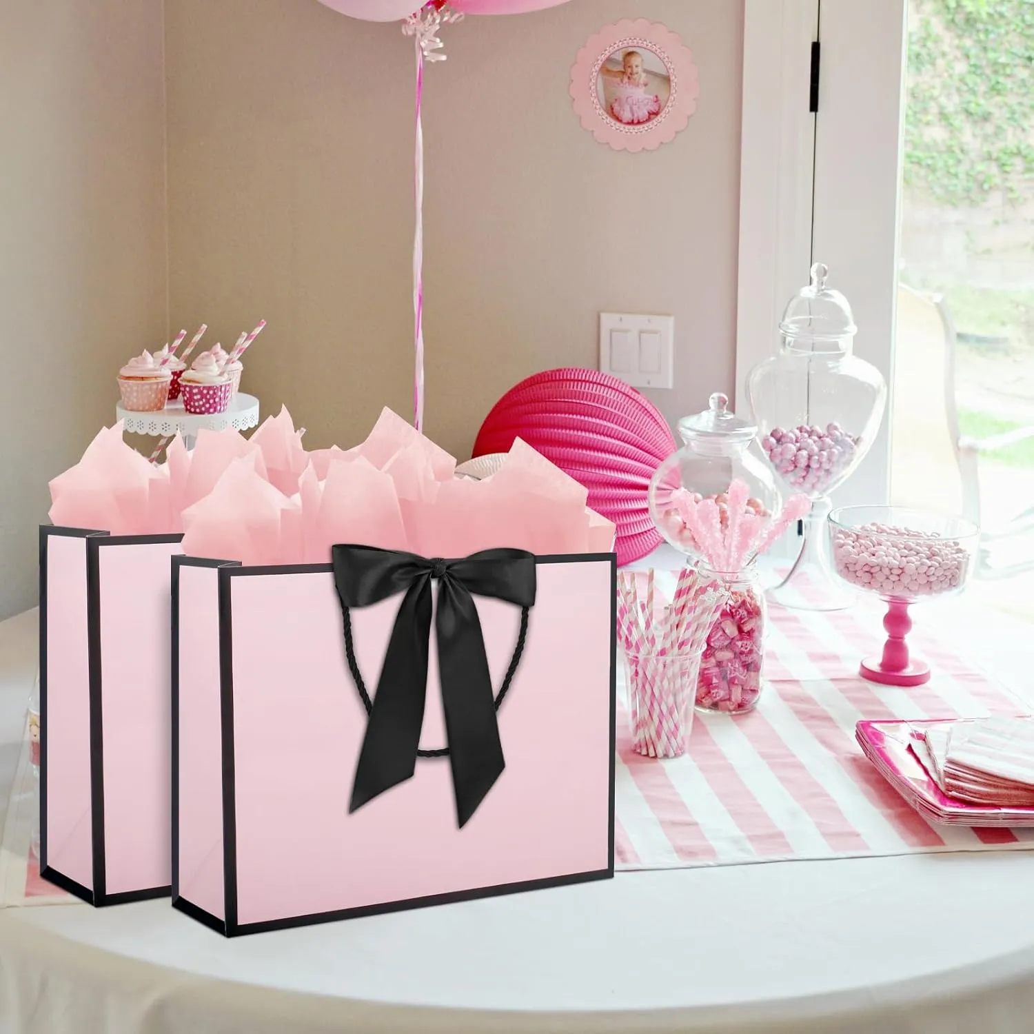 QIELSER 12 pcs Pink Gift Bags with Handles 12.6x4.5x10 in Large Paper Bags with Bow Ribbon and Tissue Paper Gift Wrap Bags for Birthday Bridesmaid Party Wedding Baby Shower Valentines, Pink-Black