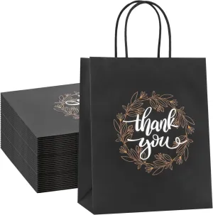QIELSER Thank You Gift Bags Bulk 50 Pcs 8x4.75x10 Inches Medium Black Kraft Paper Bags with Handles, Tissue Paper, and Hang Tags for Retail Shopping, Wedding, Baby Shower Holiday, Party