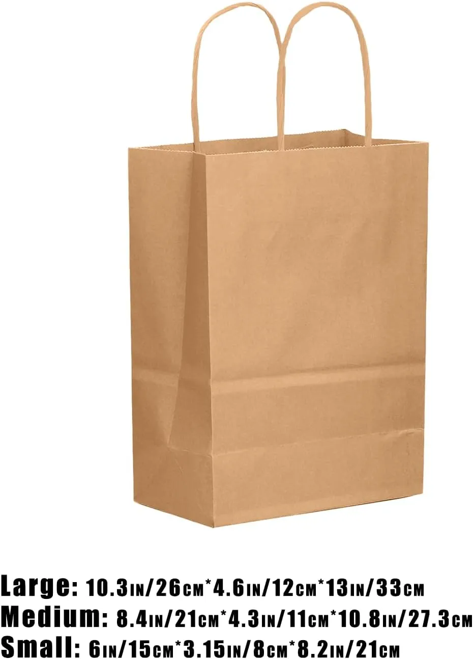 qiqee 100-Packs Brown Paper Gift Bags with Handles Bulk Assorted Sizes(33pcs Large 13", 33pcs Medium 11", 34pcs Small 8")