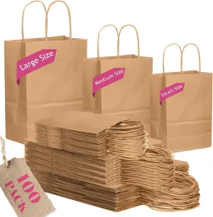 qiqee 100-Packs Brown Paper Gift Bags with Handles Bulk Assorted Sizes(33pcs Large 13", 33pcs Medium 11", 34pcs Small 8")