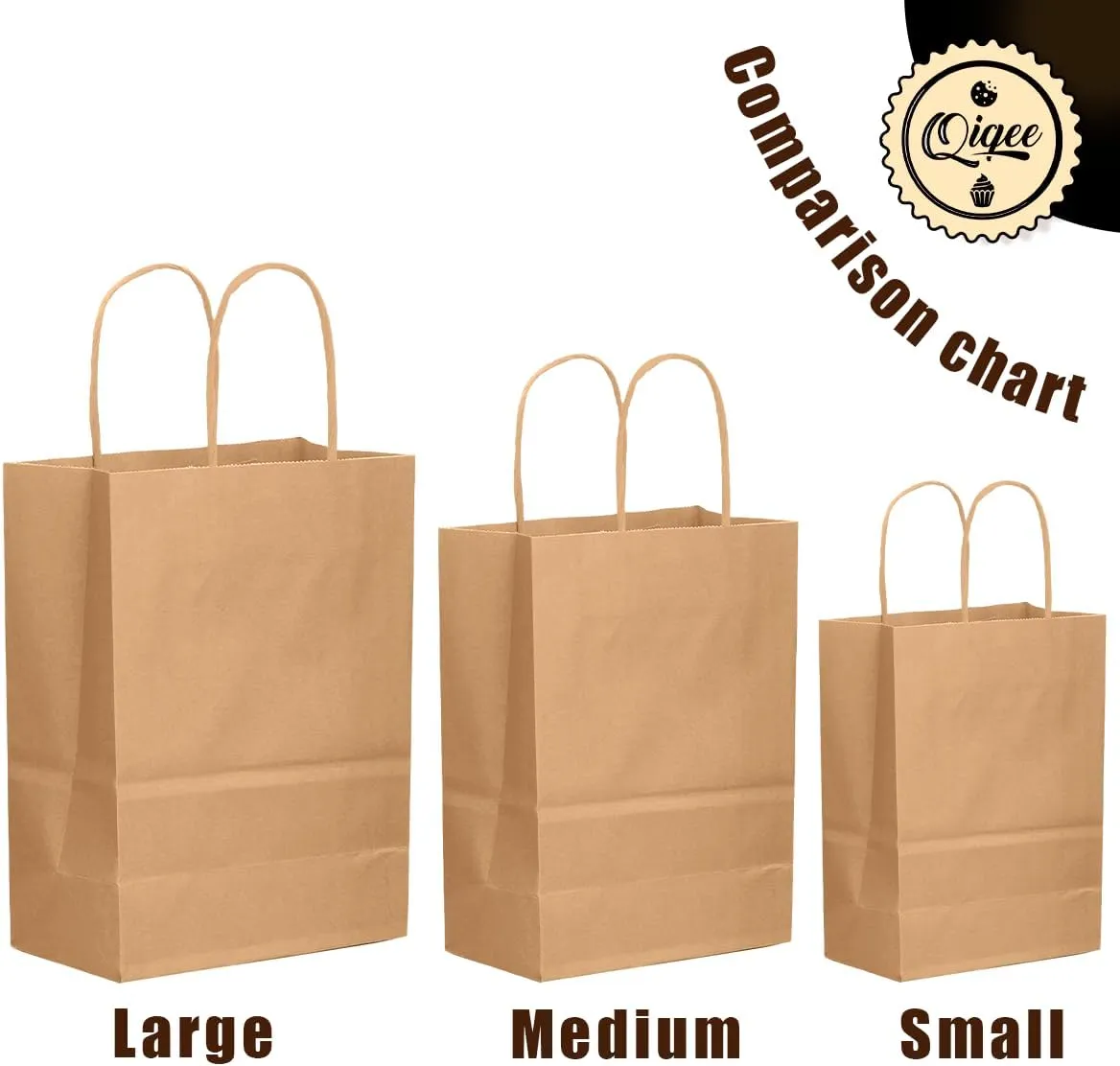 qiqee 100-Packs Brown Paper Gift Bags with Handles Bulk Assorted Sizes(33pcs Large 13", 33pcs Medium 11", 34pcs Small 8")