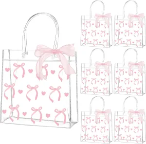QOUBAI 24Pcs Pink Bow Clear PVC Gift Bags With Handles Ribbon Bowknot Bulk Coquette Bow Goodie Treat Candy Bag Bows Theme Present Wrap Tote Bags for Birthday Party Favor Baby Shower Decoration Supply