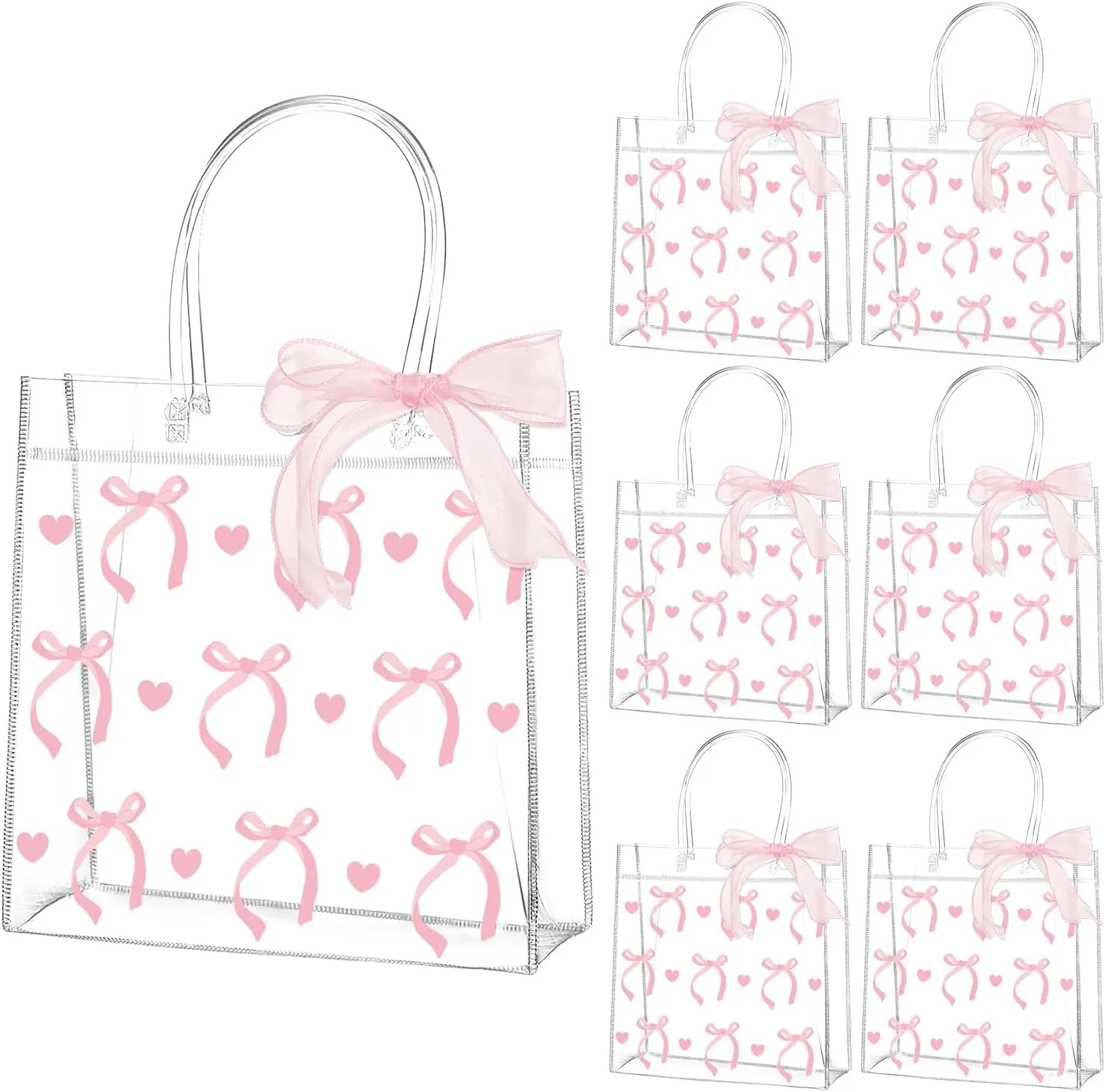 QOUBAI 24Pcs Pink Bow Clear PVC Gift Bags With Handles Ribbon Bowknot Bulk Coquette Bow Goodie Treat Candy Bag Bows Theme Present Wrap Tote Bags for Birthday Party Favor Baby Shower Decoration Supply
