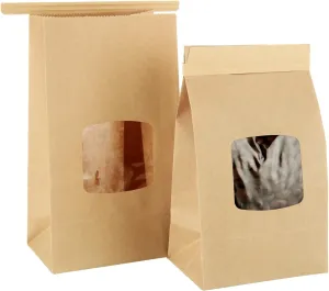 QTLCOHD 150Pcs Brown Paper Bread Bags with Window, 3.5 x 2.4 x 6.7 Inch, Tin Tie Tab Lock Small Pastry Bakery Bag for Packaging Cookies, Loaf, Popcorn, Treat