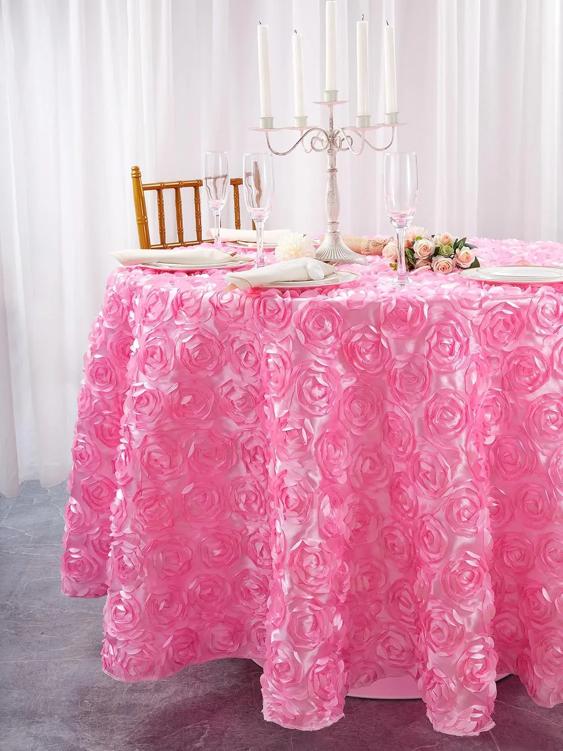 QueenDream Round Baby Shower Tablecloth 60 inch Pink Rosette Tablecloth for Princess Baby Shower Girl Birthday Party Dessert Table Decorations