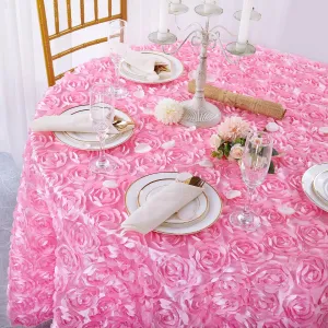 QueenDream Round Baby Shower Tablecloth 60 inch Pink Rosette Tablecloth for Princess Baby Shower Girl Birthday Party Dessert Table Decorations