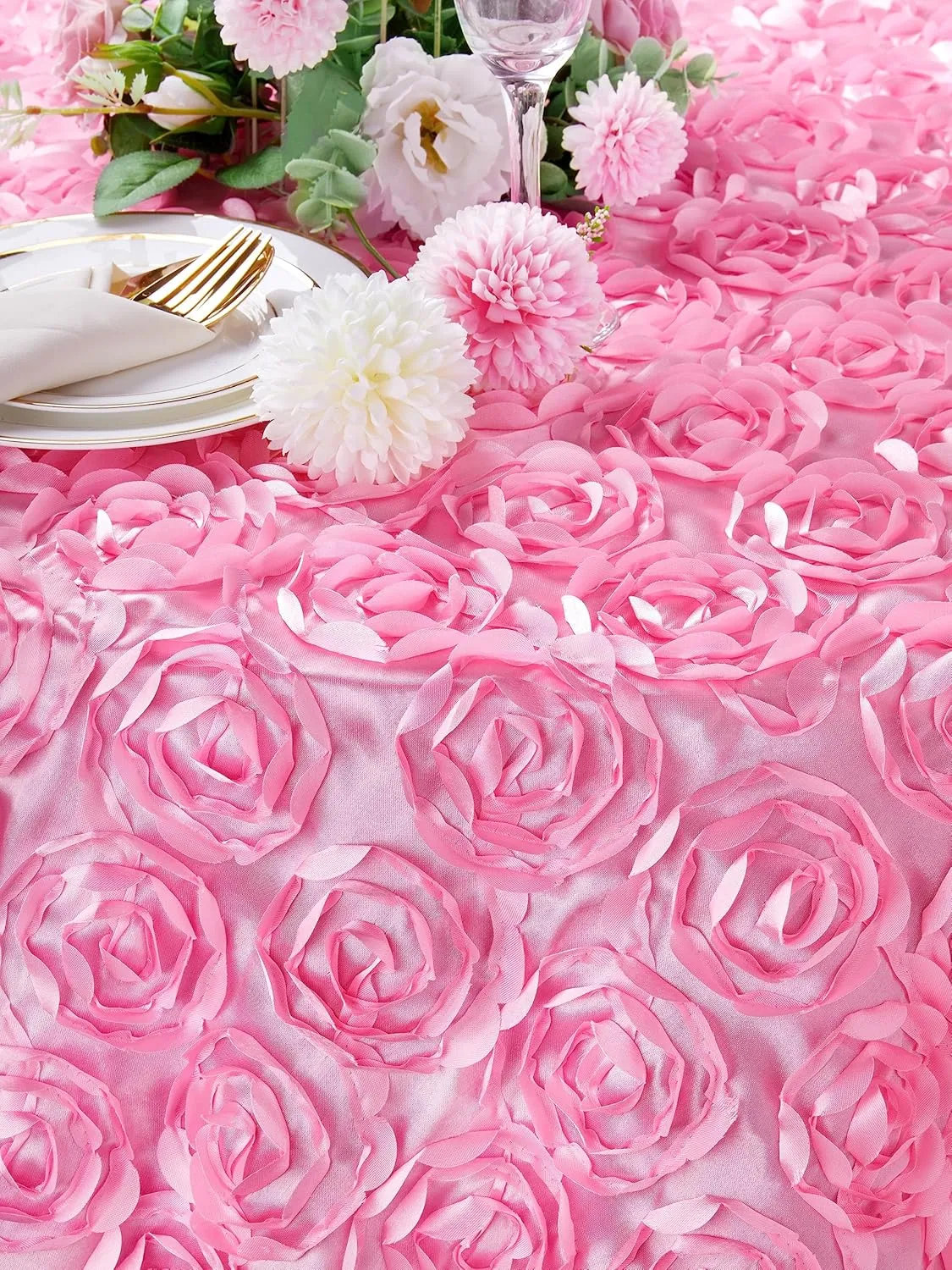 QueenDream Round Baby Shower Tablecloth 60 inch Pink Rosette Tablecloth for Princess Baby Shower Girl Birthday Party Dessert Table Decorations