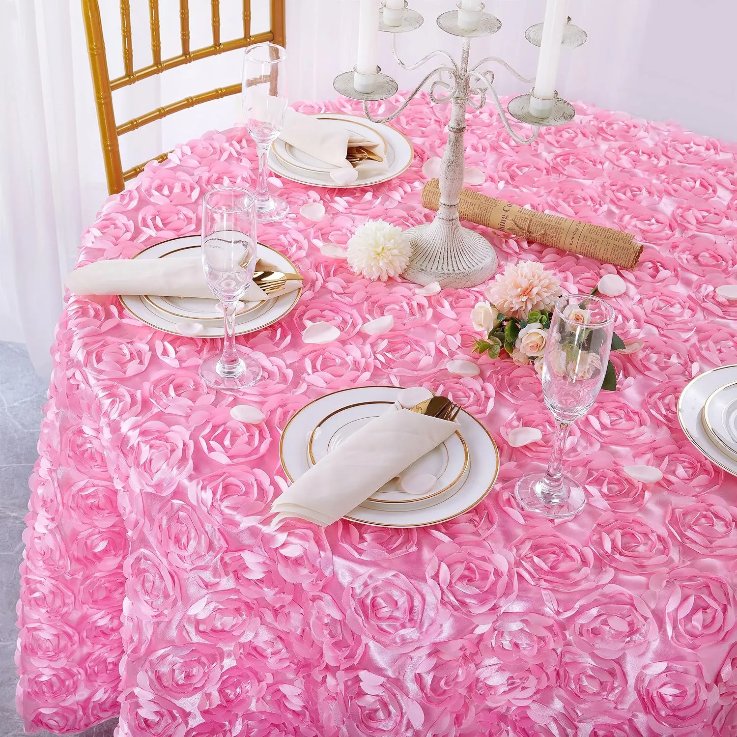 QueenDream Round Baby Shower Tablecloth 60 inch Pink Rosette Tablecloth for Princess Baby Shower Girl Birthday Party Dessert Table Decorations