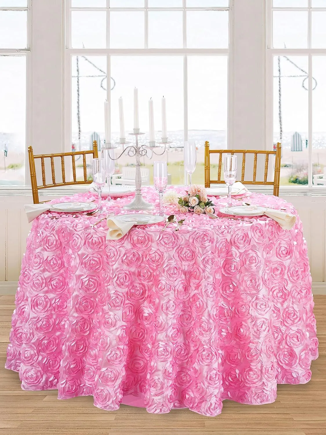 QueenDream Round Baby Shower Tablecloth 60 inch Pink Rosette Tablecloth for Princess Baby Shower Girl Birthday Party Dessert Table Decorations