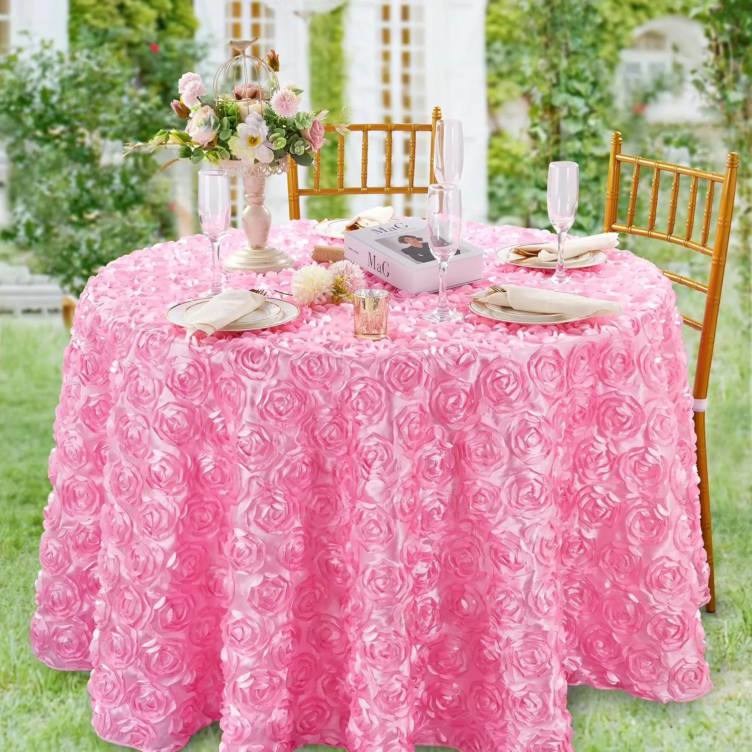 QueenDream Round Baby Shower Tablecloth 60 inch Pink Rosette Tablecloth for Princess Baby Shower Girl Birthday Party Dessert Table Decorations